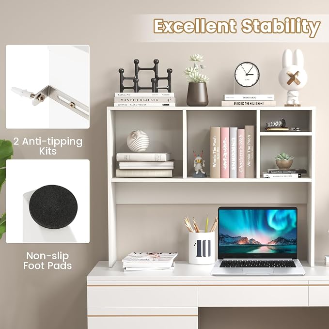 GOFLAME 4 Cubes Desktop Bookshelf, 37” Tabletop Wood Desk Shelf for Computer Monitor, Modern Countertop Desk Display Hutch Storage Organizer Shelf for Home Office, Dorm, Study, White