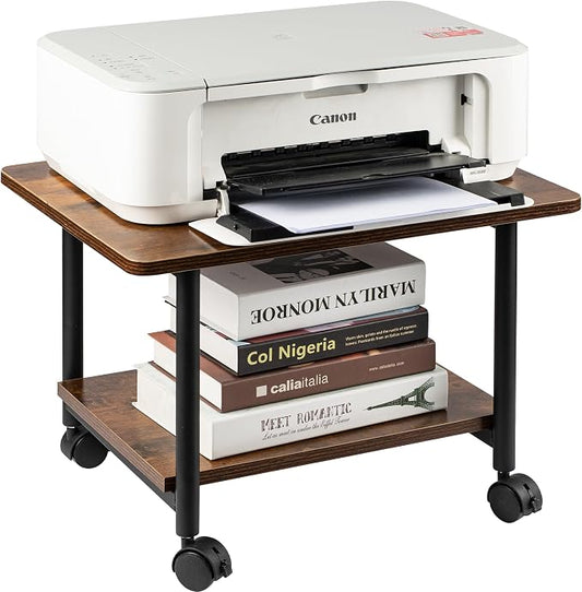 Under Desk Printer Stand - 2-Tier Industrial Mobile Printer Table with Storage Shelf, Heavy Duty Wood Rolling Printer Cart with Wheels for Home and Office,Rustic Brown