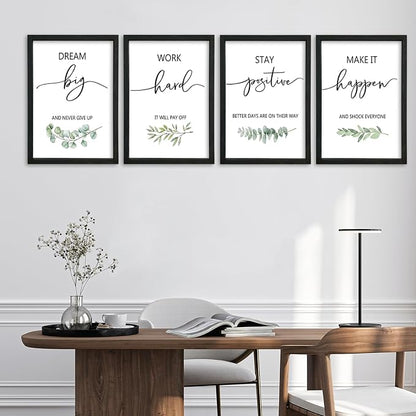 Inspirational Quote Wall Art 11x16–Motivational Office Decor,Wood Frame 4Pc | Positive Family Encouragement Black Wooden Framed Signs Set of 4