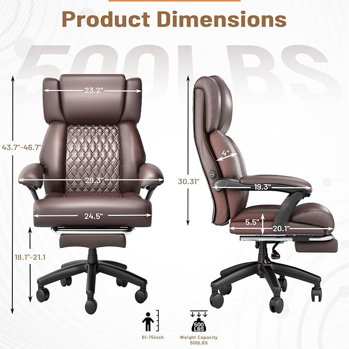 HOMREST Big and Tall Office Chair, Brown | 500lbs Heavy Duty, Adjustable Lumbar Support & Backrest, Ergonomic Executive Leather, Wide Armrests and Wheels