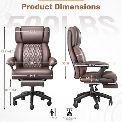 HOMREST Big and Tall Office Chair, Brown | 500lbs Heavy Duty, Adjustable Lumbar Support & Backrest, Ergonomic Executive Leather, Wide Armrests and Wheels