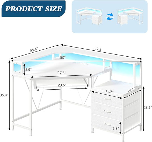 YOMILUVE Small Corner Desk with Drawers, Corner Gaming Desk with Power Outlets & Printer Shelf for Small Space, Triangle Computer Desk with LED Lights, Keyboard Tray and Monitor Stand, White