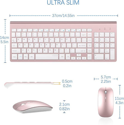 Wireless Keyboard and Mouse Ultra Slim Combo, TopMate 2.4G Silent Compact USB 2400DPI Mouse and Scissor Switch Keyboard Set with Cover, Batteries Included, for PC/Laptop/Windows/Mac - Rose Gold White