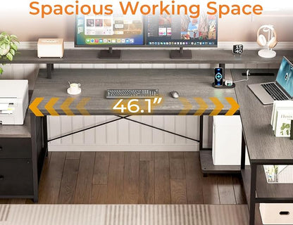 ODK 75" L Shaped Desk with File Drawers, Work from Home Office Desk with Power Outlet, Reversible Computer Desk with Storage Shelves, Gaming Desk with Monitor Shelf, Corner WFM Table, Grey Oak