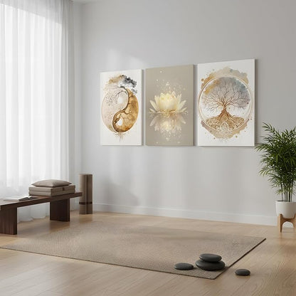 Tree of Life Wall Art Canvas Framed Set of 3 Lotus Zen Wall Decor Painting Poster Abstract YinYang Fall Art Picture Print Artwork for Living Room Yoga Room Bedroom Home Decoration 16x24 inch