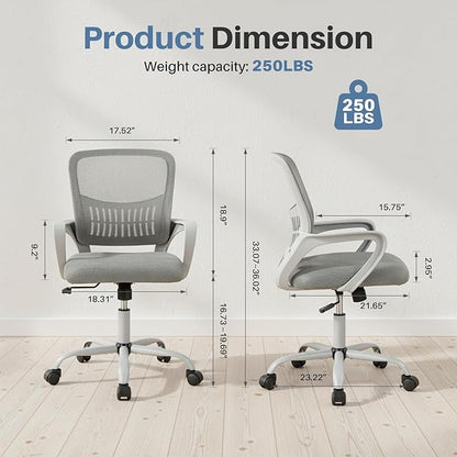 DUMOS Home Office Computer Chair - Ergonomic Mid Back Desk with Lumbar Support and Rocking Mode, Height Adjustable with Fixed Armrest, for Conference Meeting Room, 360° Swivel, Adults, Grey