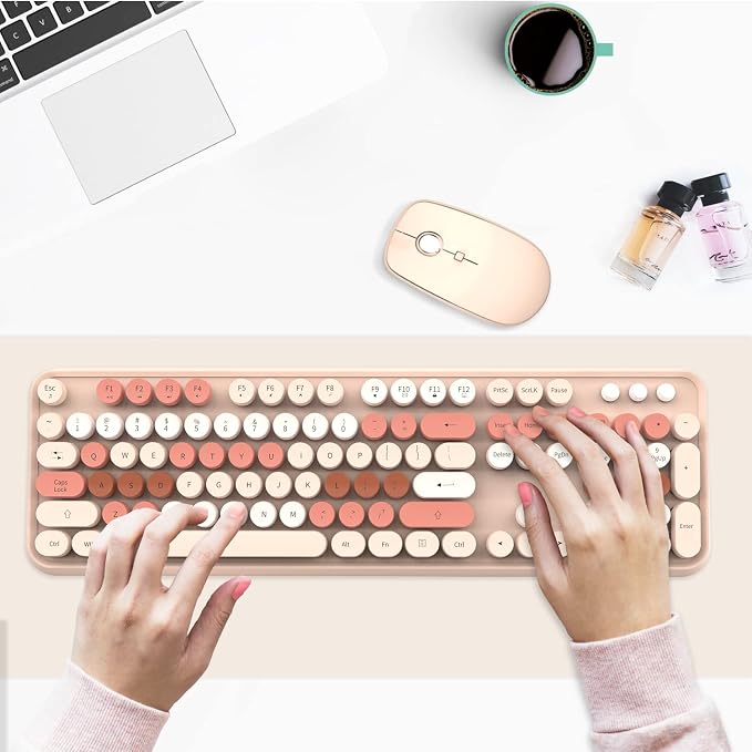 FOPETT Wireless Keyboard and Mouse Combo - 2.4G Full-Sized Cute Colorful Mouse and Keyboard with 104 Round Keys Retro Typewriter Keyboard for Laptop/Windows/PC - Brown Colorful