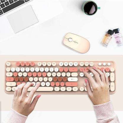 FOPETT Wireless Keyboard and Mouse Combo - 2.4G Full-Sized Cute Colorful Mouse and Keyboard with 104 Round Keys Retro Typewriter Keyboard for Laptop/Windows/PC - Brown Colorful