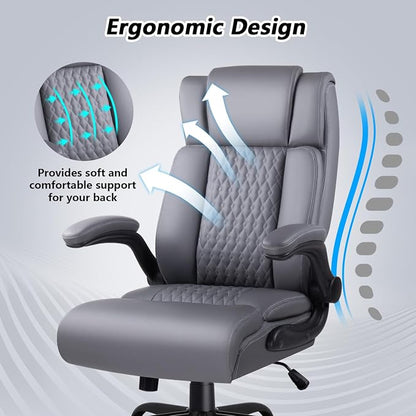 Office Chair, 400LBS Heavy Duty Big and Tall Executive Office Desk Chair with Flip-up Arms, Ergonomic High Back Office Chairs with Lumbar Support, PU Leather, Grey