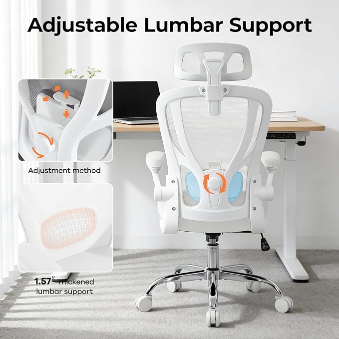Office Chair Ergonomic Office Chair with Lumbar Support, Head Support, Rocking Function, Flip-up Armrests, Home Office Desk Chair, Suitable for Home, Office, White, 1 Pack