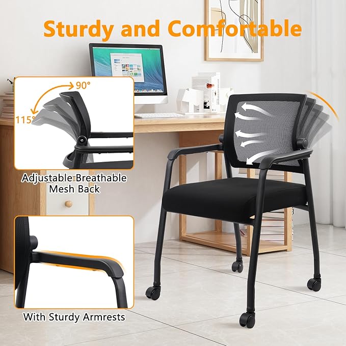 KLASIKA Waiting Room Chairs with Wheels, Adjustable Mesh Backrest, Desk Chair with Ergonomic Lumbar Support and Thickened Seats Cushion, Black