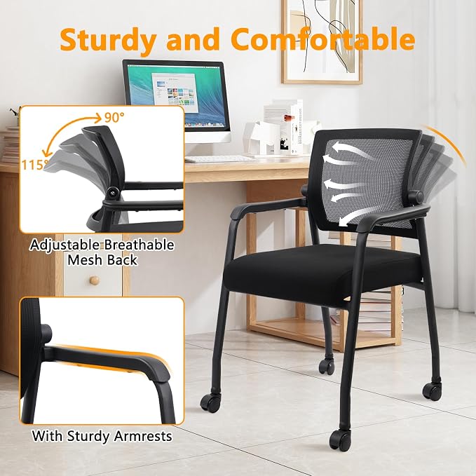 KLASIKA Waiting Room Chairs with Wheels, Adjustable Mesh Backrest, Desk Chair with Ergonomic Lumbar Support and Thickened Seats Cushion, 2 Pack Black