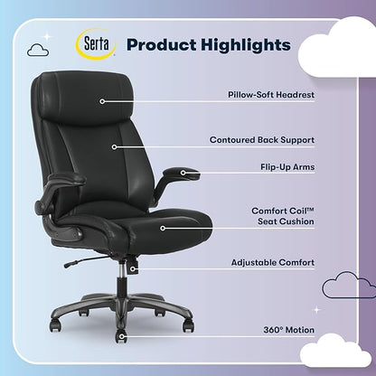 Serta Torrington Big & Tall Office Chair, with Flip-Up Padded Armrests, Ultra-Comfortable ComfortCoils Seat Cushion Technology, Modern Executive Premium PU Desk Chair, Black