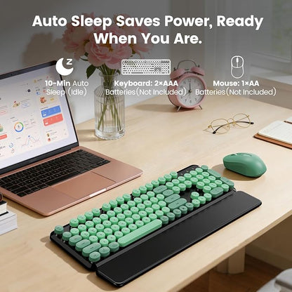 Wireless Keyboard and Mouse Combo with Magnetic Wrist Rest, Round Keycaps, Full-Size Retro Typewriter-Style Keyboard, Tilt Legs, Auto-Sleep, 2.4GHz Wireless for Windows PC Laptop, Forest Green & Black