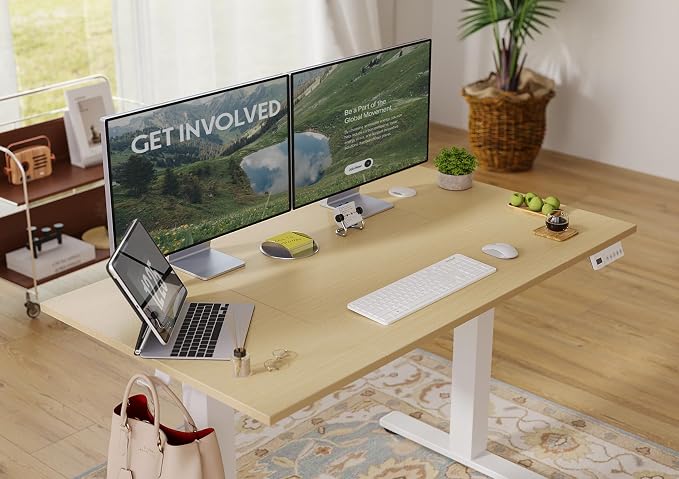 Seang Electric Standing Desk Adjustable Height, 48 x 24 Inch Sit Stand Desk with T-Shaped Frame, 3 Memory Presets & Cable Management for Home Office Computer Workstation, White Frame/Nature Top