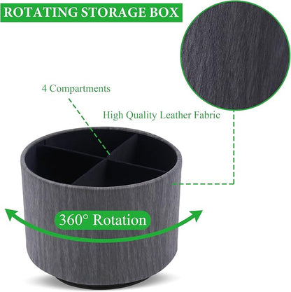 Round Leather Art Supply Organizer,Remote Control Holder,360 Degree Spinning,Multi-Functional Pencil Holder,4 Compartments Desktop Stationary Organizer(1-Thin Wood Black)