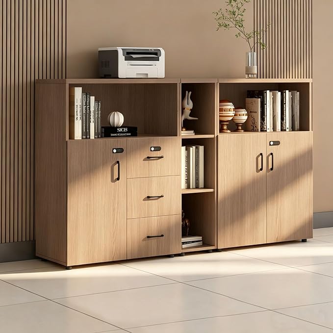 File Cabinet with Password Lock, Wood Lateral Filing Cabinet for Letter/A4 Files, 3 Drawer with Door, Printer Stand with Open Shelves for Home Office
