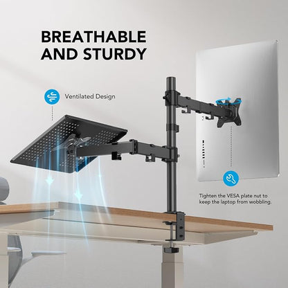 HUANUO Adjustable Monitor Arm with Laptop Tray, Single Desk Mount for 13-32" VESA Monitors up to 22 lbs, 14" x 12" Laptop Tray