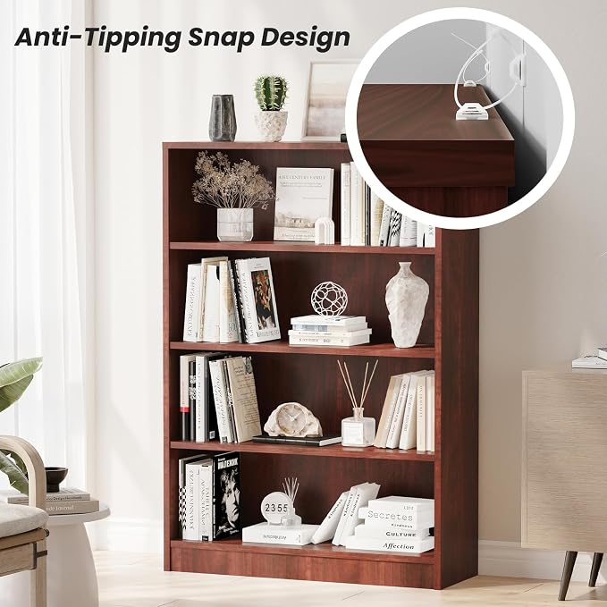 Farini 48 Inch Tall Bookcase,4 Shelf Bookshelves,Adjustable Bookshelf for Home Office,Cherry