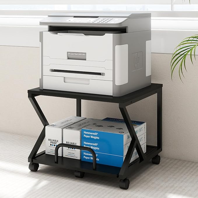 Natwind 2 Tier Printer Stand,19.7''x19.7'',with Pull Out Shelf,Black | Easy Reach for Lower Shelf Items,Rolling Printer Cart with Wheels, Fits Under Desk,Supports 180lbs,for Home Office Kitchen