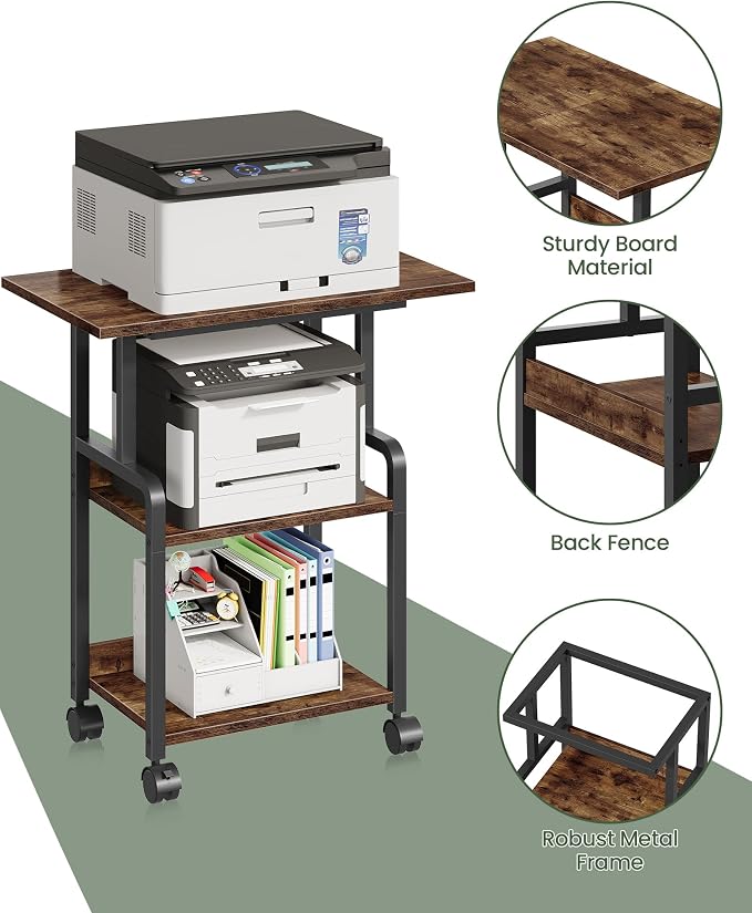 CHOEZON 23.6-in Printer Stand with Storage, 3-Tier Printer Table for Home Office, Printer Cart Under Desk Storage, Suitable for Study, Kitchen, Living Room, Rustic Brown and Black TPS02BF