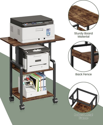 CHOEZON 23.6-in Printer Stand with Storage, 3-Tier Printer Table for Home Office, Printer Cart Under Desk Storage, Suitable for Study, Kitchen, Living Room, Rustic Brown and Black TPS02BF