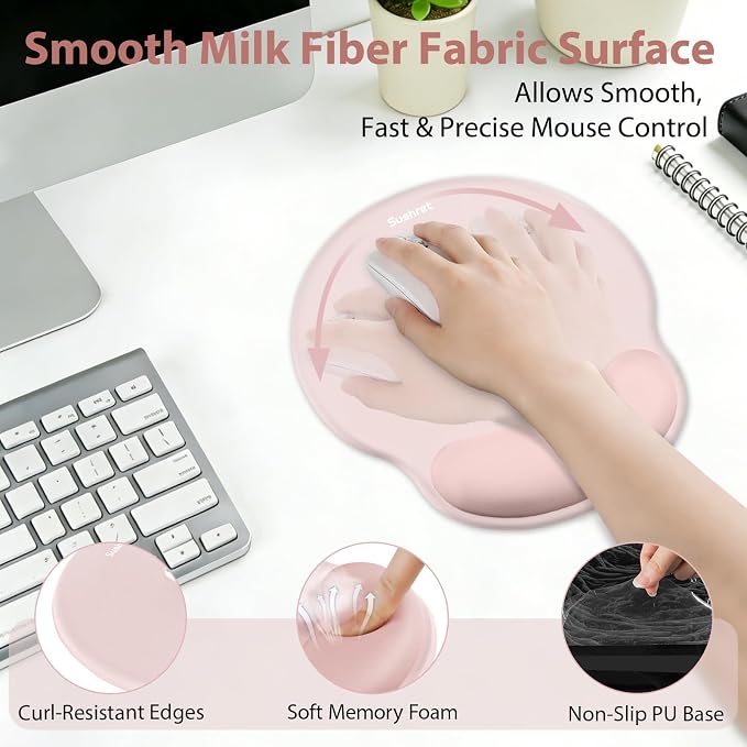 Sushret Mouse Pad and Keyboard Wrist Rest, 3-in-1 Gel Memory Foam Ergonomic Mouse Pad with Wrist Rest Set, Gaming Mousepad Arm Cushion Support for Computer Office Desk Accessories Cute Setup, Pink