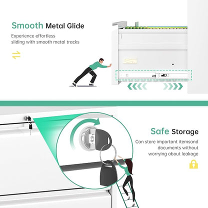 Bonusall Lateral File Cabinet with Lock, 2 Drawer Locking Lateral Filing Cabinet for Legal/Letter Size, Metal Horizontal File Organizer with Hanging Rack for Home Office, Heavy Duty, White