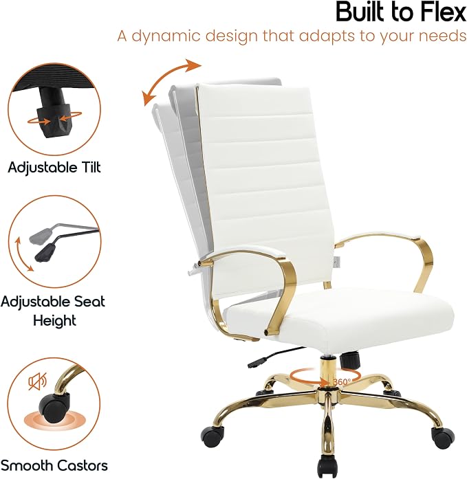 LeisureMod Modern High-Back Leather Office Chair - Swivel & Adjustable Executive Desk Chair with Gold Frame, Ergonomic Design for Home & Office (White, Set of 6)