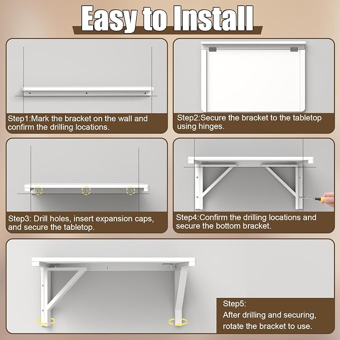 MM MELISEN Wall Mounted Folding Table, 29.5"L x 19.6"W, White, Space-Saving Design