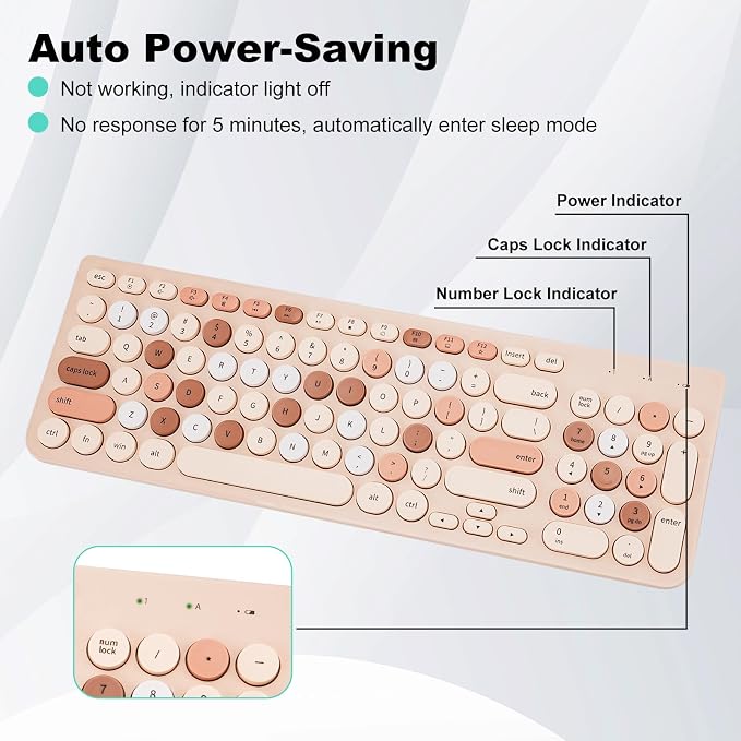 Wireless Keyboard and Mouse Combo, Retro Typewriter Keyboard with Round Keycaps, 2.4GHz USB Cute Wireless Keyboard Mouse for Computer, Desktop, Laptop (Milk Tea Colorful)