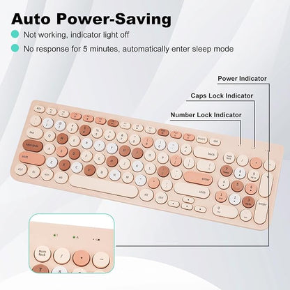 Wireless Keyboard and Mouse Combo, Retro Typewriter Keyboard with Round Keycaps, 2.4GHz USB Cute Wireless Keyboard Mouse for Computer, Desktop, Laptop (Milk Tea Colorful)