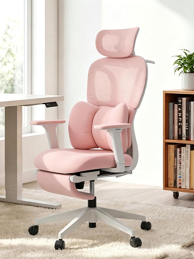 CabLady S1 High Back Ergonomic Mesh Office Chair with Footrest, 300 lbs | 115° Recline Lock, Adjust Seat Depth, 2D Arms, 3D Headrest, Detachable Lumbar Support, Breathable Mesh, BIFMA, Pink