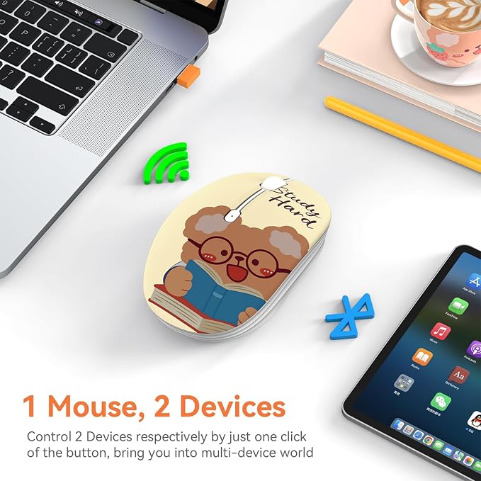 FMOUSE Cute Wireless Mouse, Bluetooth & 2.4GHz Dual Mode with USB Receiver, Silent Click, AA Battery Powered, for Students Kids Study School, Compatible with Laptop Mac iPad PC (Study Buddy Bear)