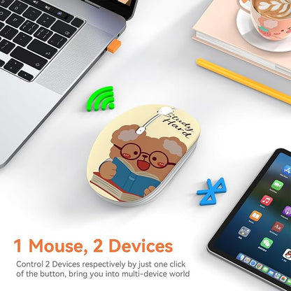 FMOUSE Cute Wireless Mouse, Bluetooth & 2.4GHz Dual Mode with USB Receiver, Silent Click, AA Battery Powered, for Students Kids Study School, Compatible with Laptop Mac iPad PC (Study Buddy Bear)