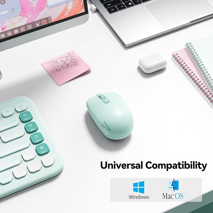 TECKNET Wireless Mouse for Laptop, 2.4G Quiet Computer Mouse with USB Receiver, 4 Buttons Portable Cordless Mice for Chromebook, Laptop, PC, Mac, 800/1200/1600 DPI - Mint Green