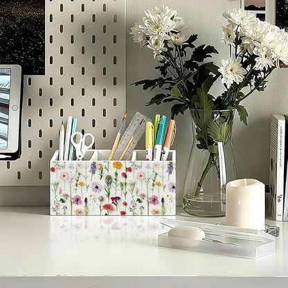 Floral Pen Pencil Holder for Desk Accessories, Cottagecore Colorful Wildflower Botanical Wooden Box Sign Decorations for Girls Room Bedroom Dorm Home Office Desk Tabletop