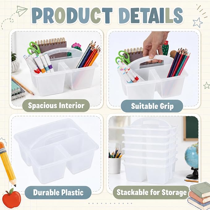 6 Pack 3 Compartment Small Caddy Plastic Classroom Organizer with Handle Portable Teacher Supply Storage Caddy Craft Art Caddies for Pencil, Crayon, Marker, Home, Office, School Supplies(Clear)
