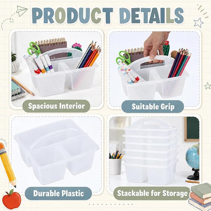 6 Pack 3 Compartment Small Caddy Plastic Classroom Organizer with Handle Portable Teacher Supply Storage Caddy Craft Art Caddies for Pencil, Crayon, Marker, Home, Office, School Supplies(Clear)