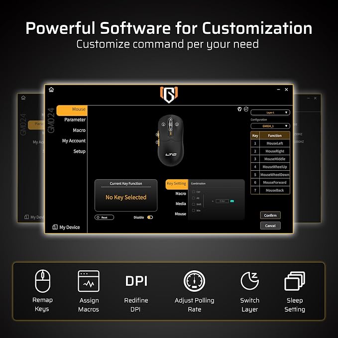 LTC GM024 Tri-Mode Wireless Gaming Mouse, 59g Ultra-Light Ergonomic Gaming Mouse 2.4Ghz/BT/Wired, 6-Level DPI 8000 Max, 1000Hz, 5 Programmable Buttons, Pro Software