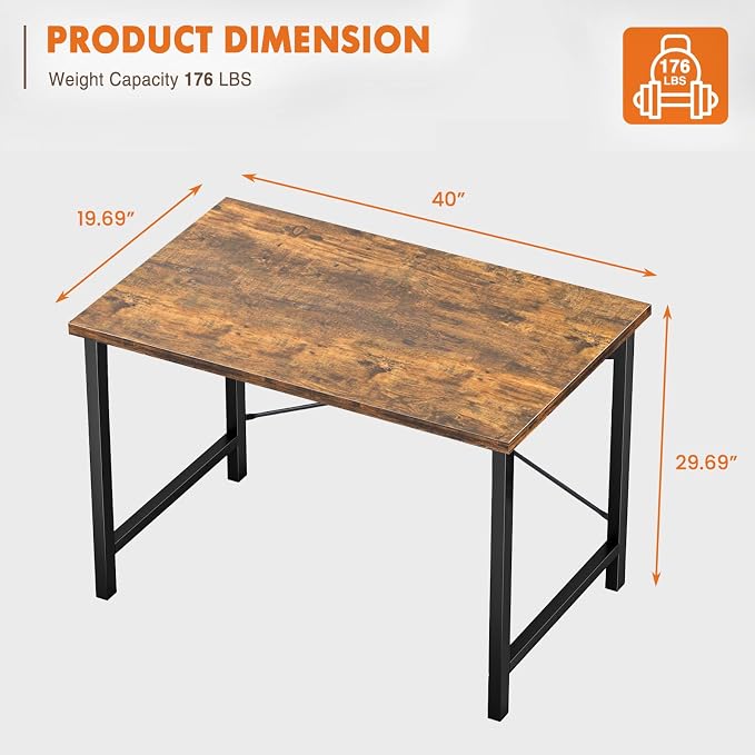 Sweetcrispy Computer Desk, Small Office 40 Inch Writing Work Study Student Teacher Home Bedroom Table with Metal Frame Wood Tabletop, Compact Modern Study Table for Home Use, Brown