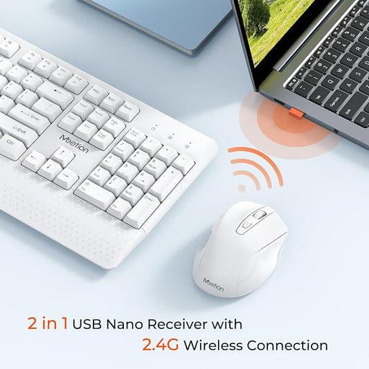 MEETION White Wireless Keyboard and Mouse, 2.4G USB Receiver Plug-and-Play, Computer Keyboard with Wrist Support, 3 Level DPI Mouse, Long Time Lasting Battery for PC/Mac/Windows/Laptop, White