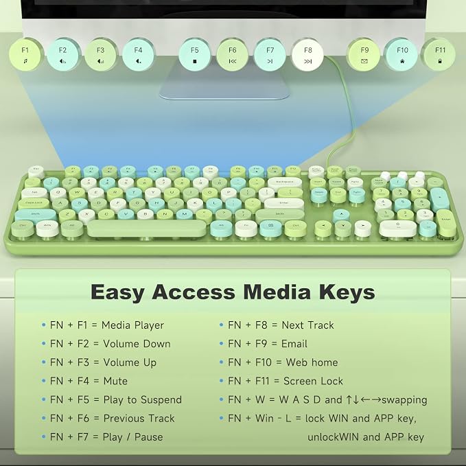 MOWUX Computer Keyboard Wired, Plug and Play USB Retro Round Typewriter Keyboard, Full Size Wired Keyboard with Foldable Stands for Laptop and Office PC- Green Colorful