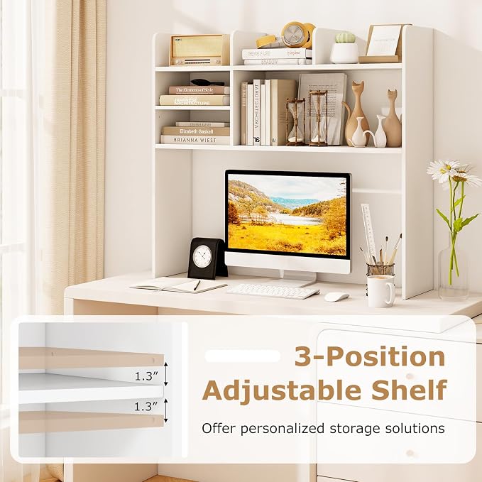 GOFLAME 6 Shelves Desktop Bookshelf, 37” Desk Hutch Dorm for Computer Monitor Up to 32”, 3-Tier Countertop Display Rack, Wood Desk Storage Organizer Shelf for Home Office, Study, White
