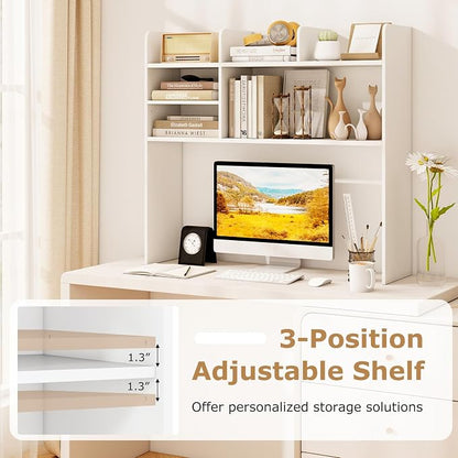 GOFLAME 6 Shelves Desktop Bookshelf, 37” Desk Hutch Dorm for Computer Monitor Up to 32”, 3-Tier Countertop Display Rack, Wood Desk Storage Organizer Shelf for Home Office, Study, White