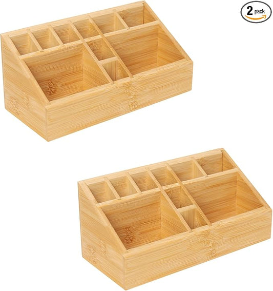 2 Pack Bamboo Art Supply Organizer, Pen Holder Wooden Desktop Storage for Artists, Office Supplies, Makeup Brushes,Minimalist Desk Accessory for Home Studio, Classroom or Vanity