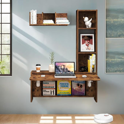 Folding Wall Mounted Drop Leaf Table, Foldable Desk with Moveable Cabinets, Floating Laptop with Convertible Storage Shelves, Multifunctional Computer Workstation in Home for Space Saving