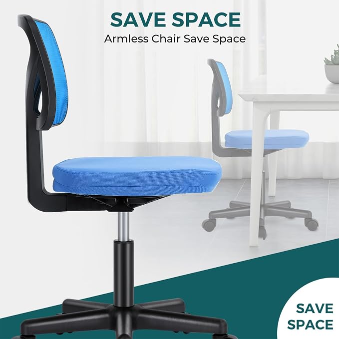 DUMOS Small Office Chairs with Wheels, Ergonomic Adjustable Home Desk Swivel Rolling Task Chair No Arms, Comfy Mesh Mid Back Computer Work Vanity Desk Chairs for Small Spaces, Blue