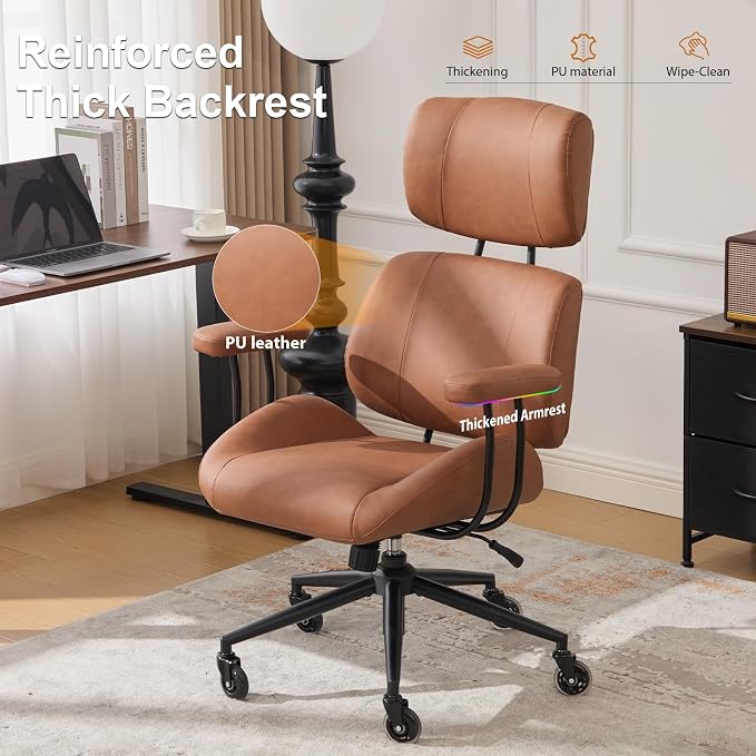 E-Motie Ergonomic Leather Office Chair, Computer Desk Chair, Brown | Adjustable Headrest, 360° Swivel & Rolling Wheels, Lumbar Support, Padded Arms, High Back, for Long Hours Sitting