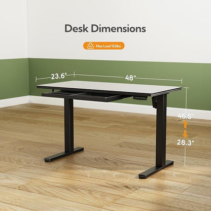 INNOVAR Glass Standing Desk with Drawers, 48 x 24 Inches Electric Height Adjustable Desk, Tempered Glass Top Stand Up Desks for Home and Office, Black